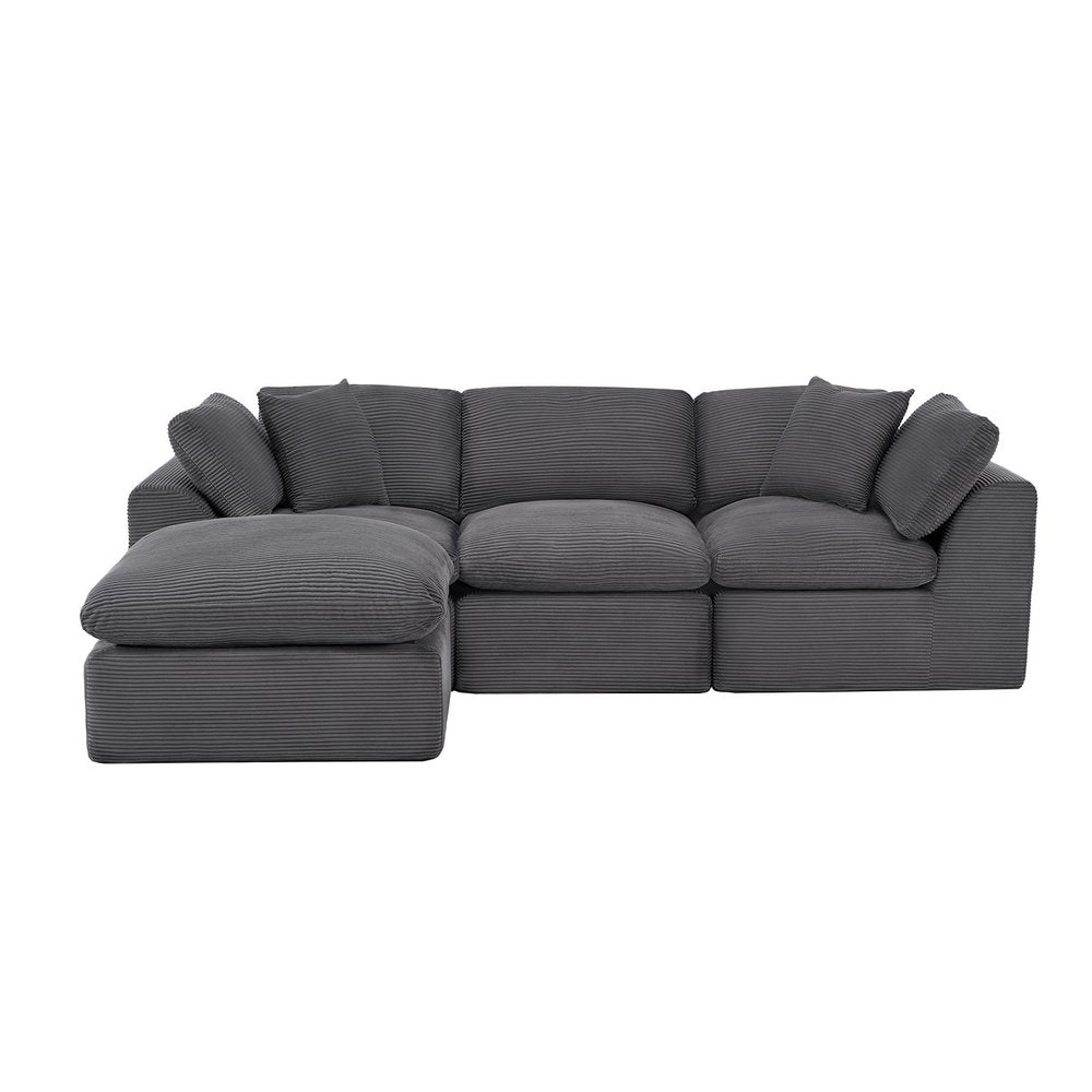 108" Beige Chenille Modular Sofa With Ottoman And Toss Pillows