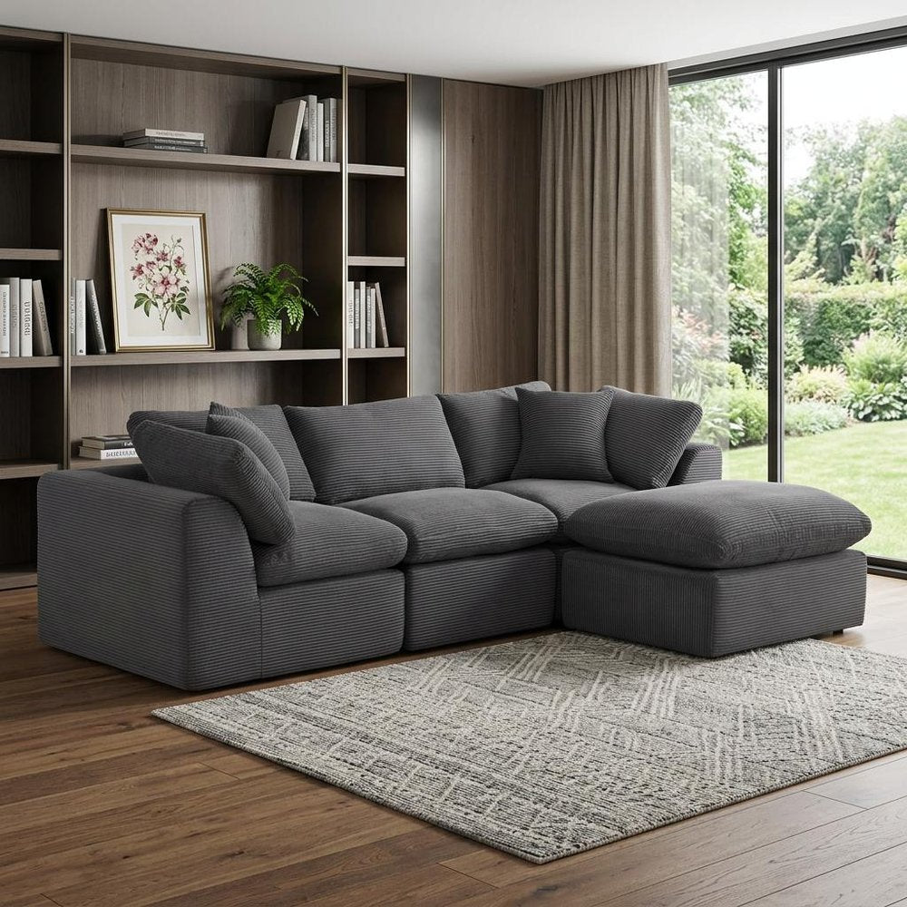 108" Beige Chenille Modular Sofa With Ottoman And Toss Pillows
