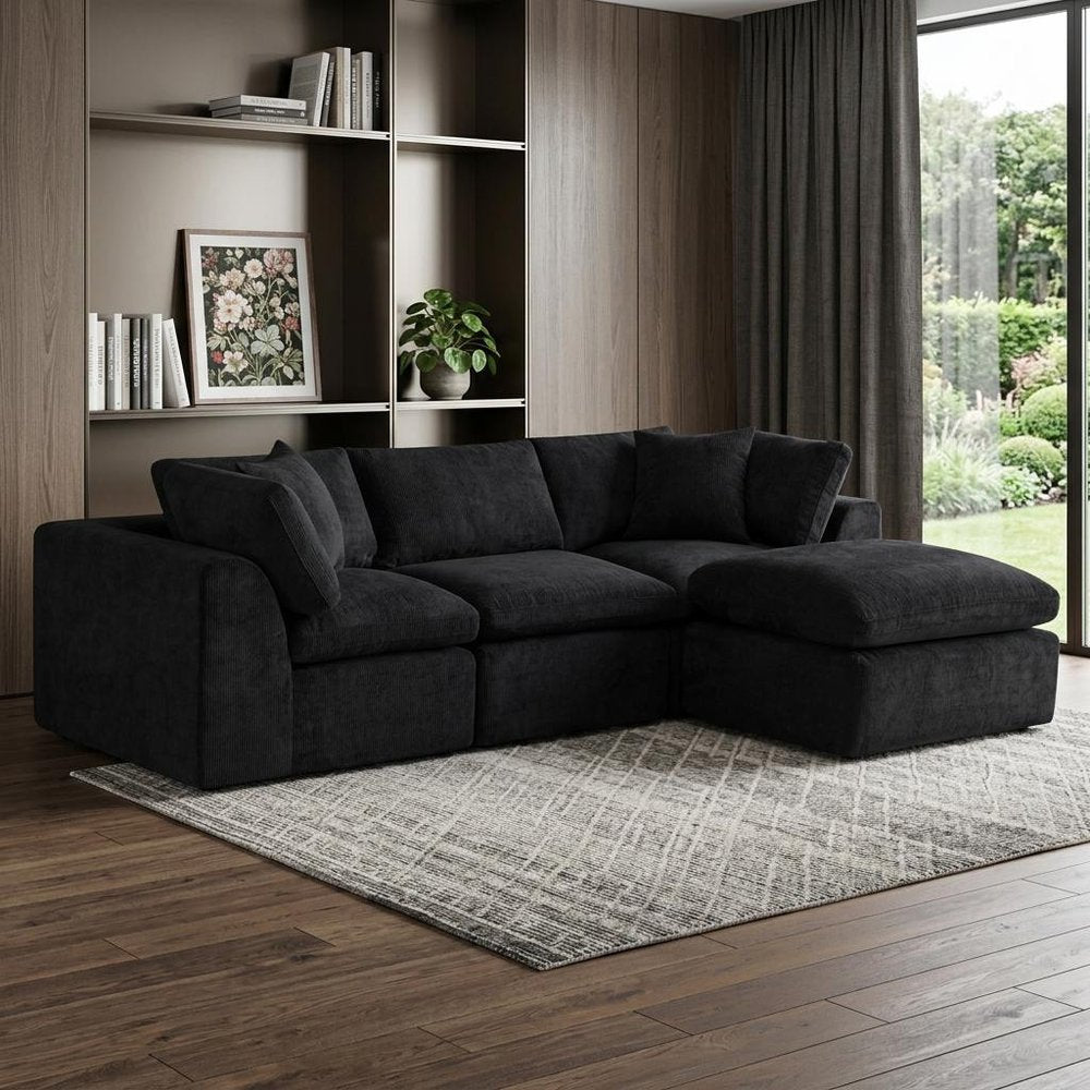 108" Beige Chenille Modular Sofa With Ottoman And Toss Pillows