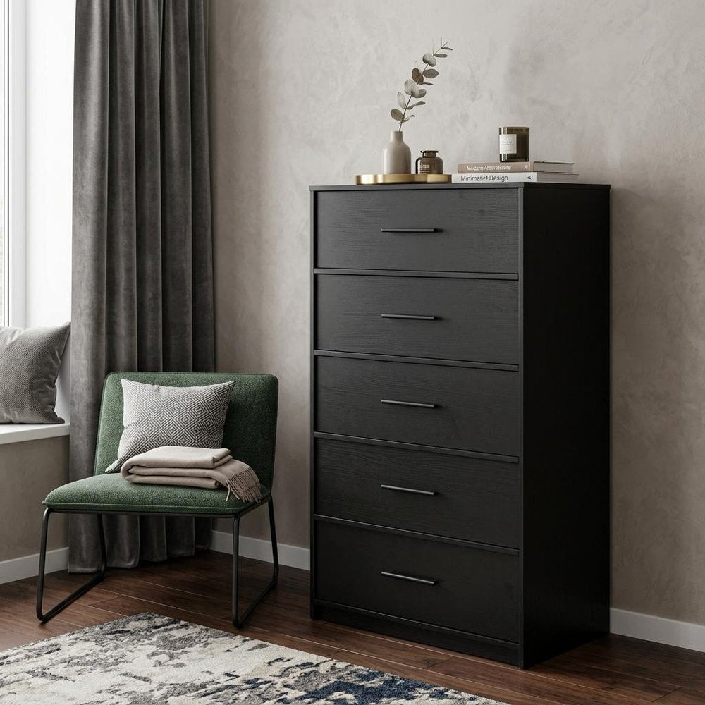 23" Black Fabric Wood and Steel Five Drawer Lingerie Chest Dresser