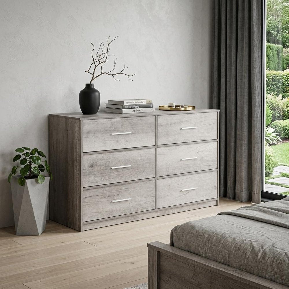 45" Gray Fabric Wood and Steel Six Drawer Double Dresser