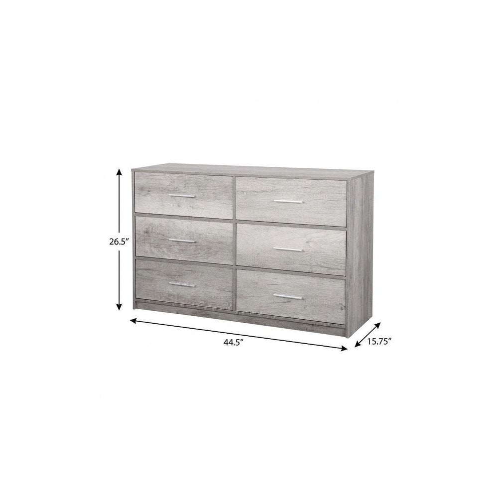 45" Gray Fabric Wood and Steel Six Drawer Double Dresser
