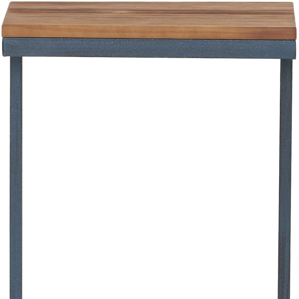 26" Natural and Blue Wood and Iron End Table