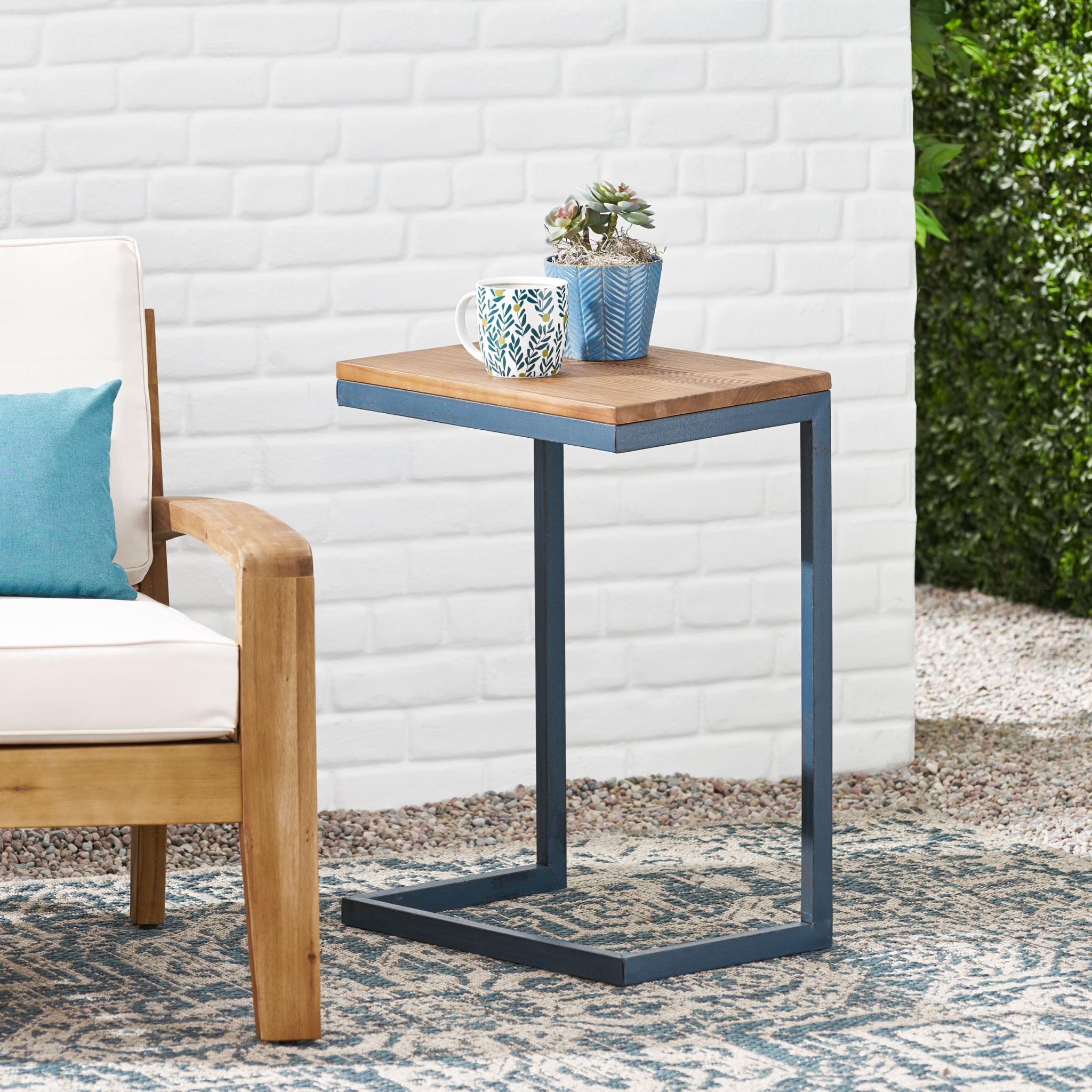 26" Natural and Blue Wood and Iron End Table