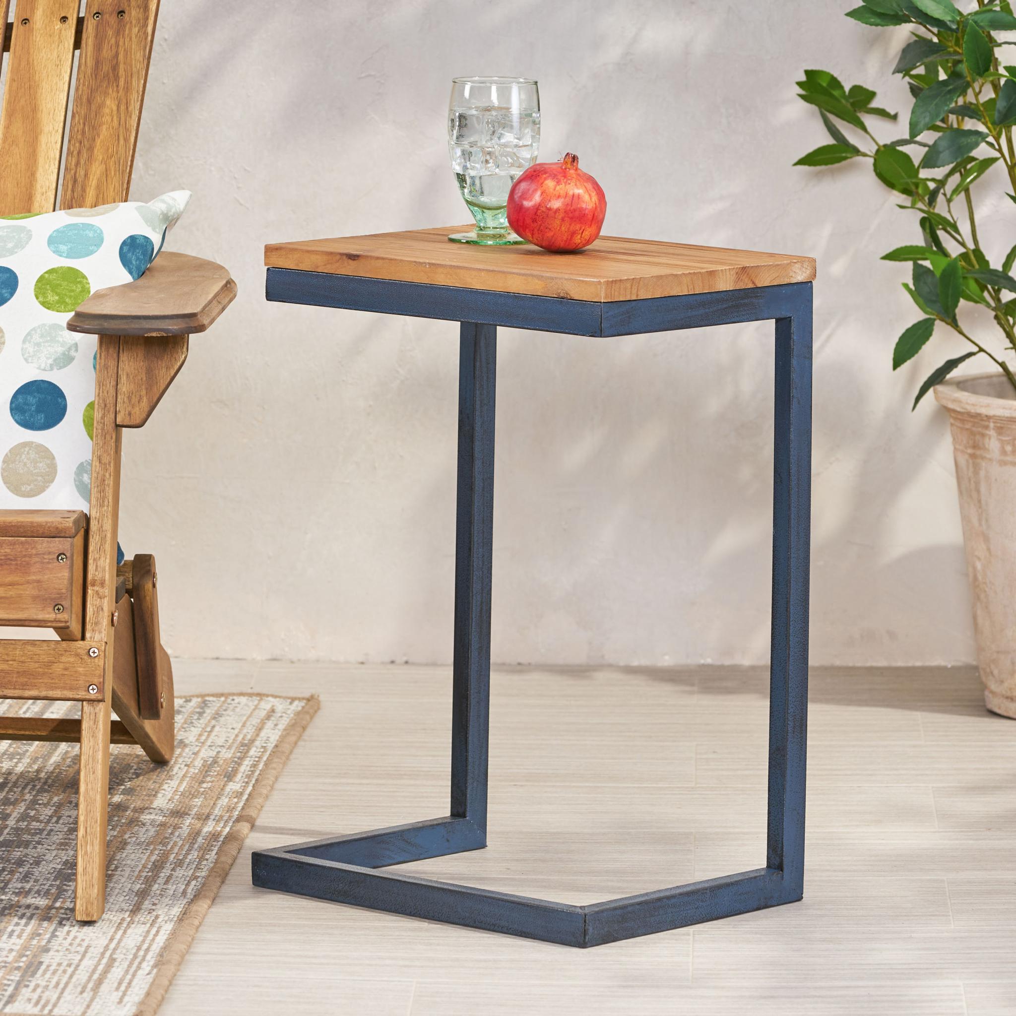 22" Natural and Blue Wood and Iron End Table