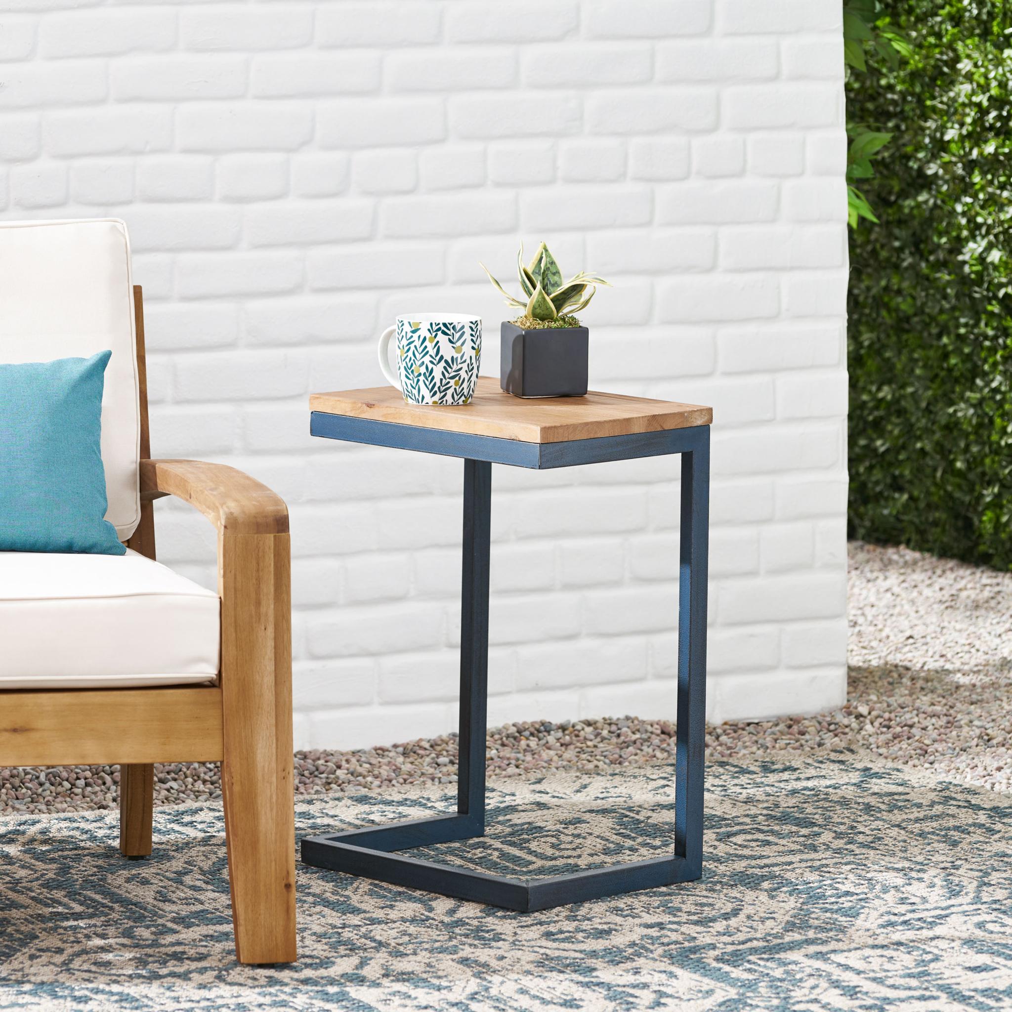 22" Natural and Blue Wood and Iron End Table