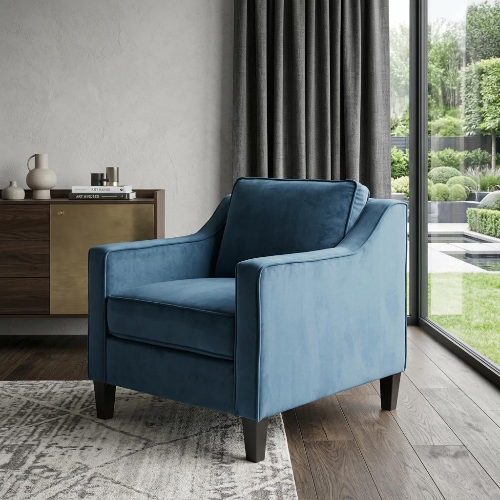 31" Blue And Black Velvet And Wood Club Chair