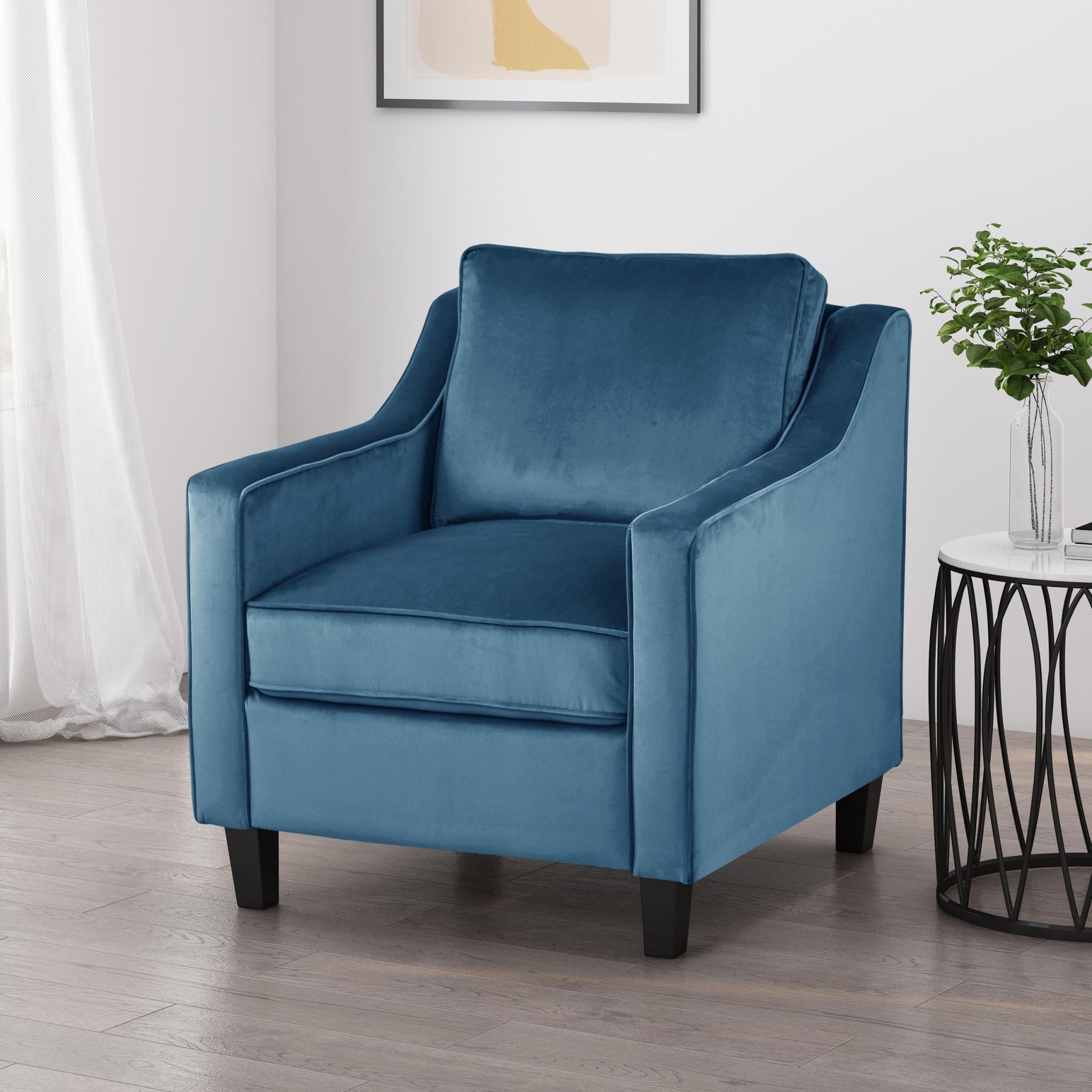 31" Blue And Black Velvet And Wood Club Chair