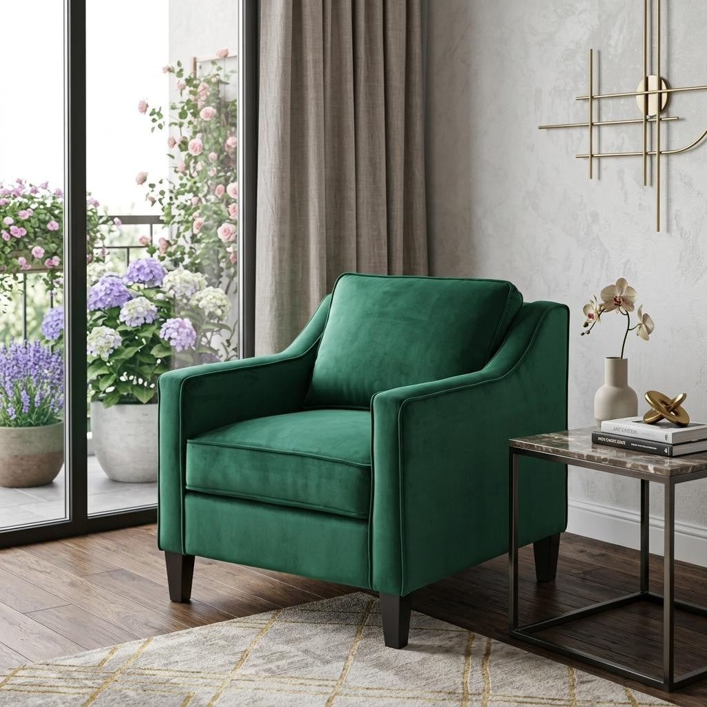 31" Green And Black Velvet And Wood Club Chair