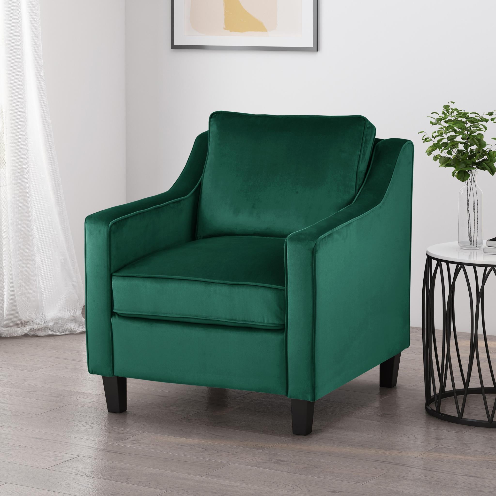 31" Green And Black Velvet And Wood Club Chair