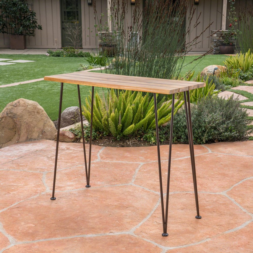 47" Walnut and Brown Wood and Iron Outdoor Bar Table