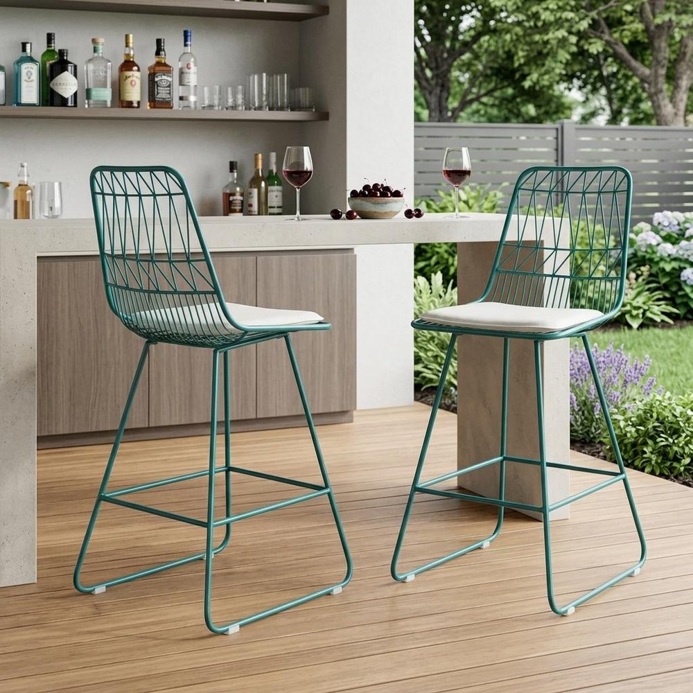 Set of Two 30" Teal Blue Iron Outdoor Bar Height Chairs