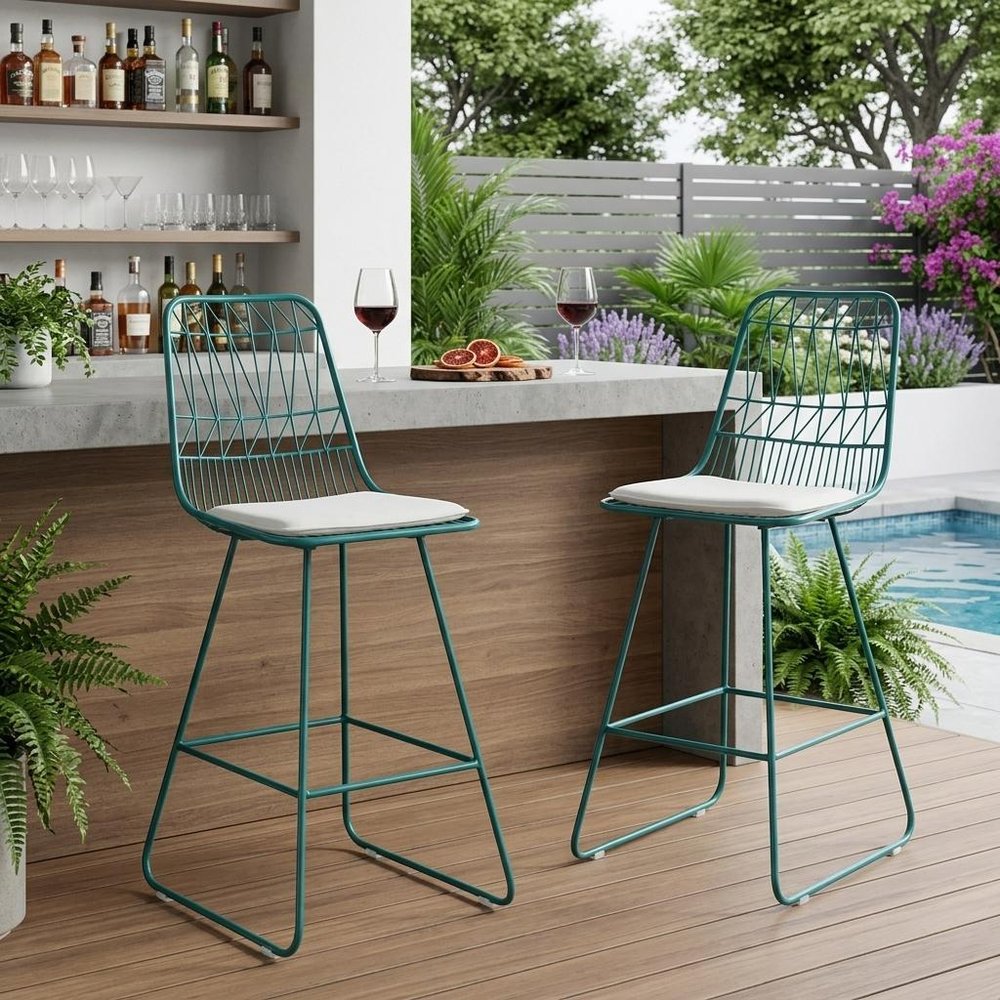 Set of Two 30" Teal Blue Iron Outdoor Bar Height Chairs