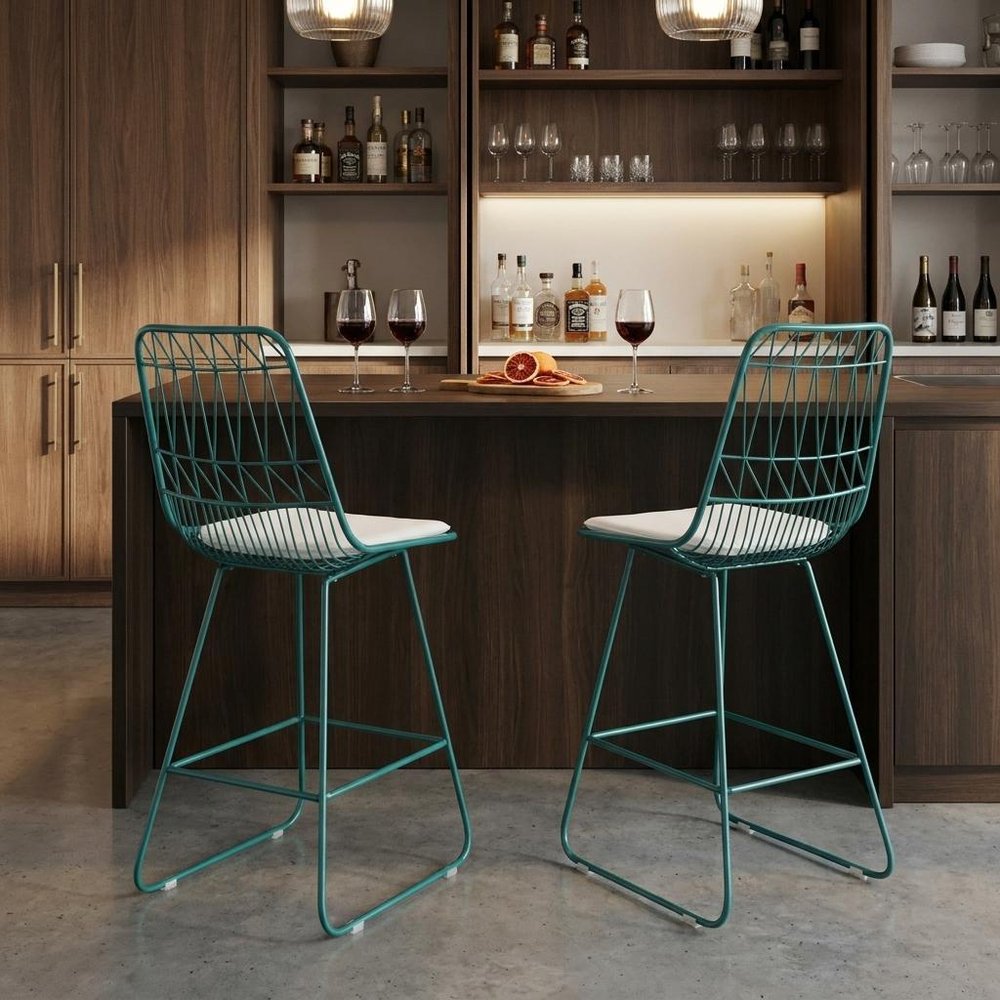 Set of Two 30" Teal Blue Iron Outdoor Bar Height Chairs