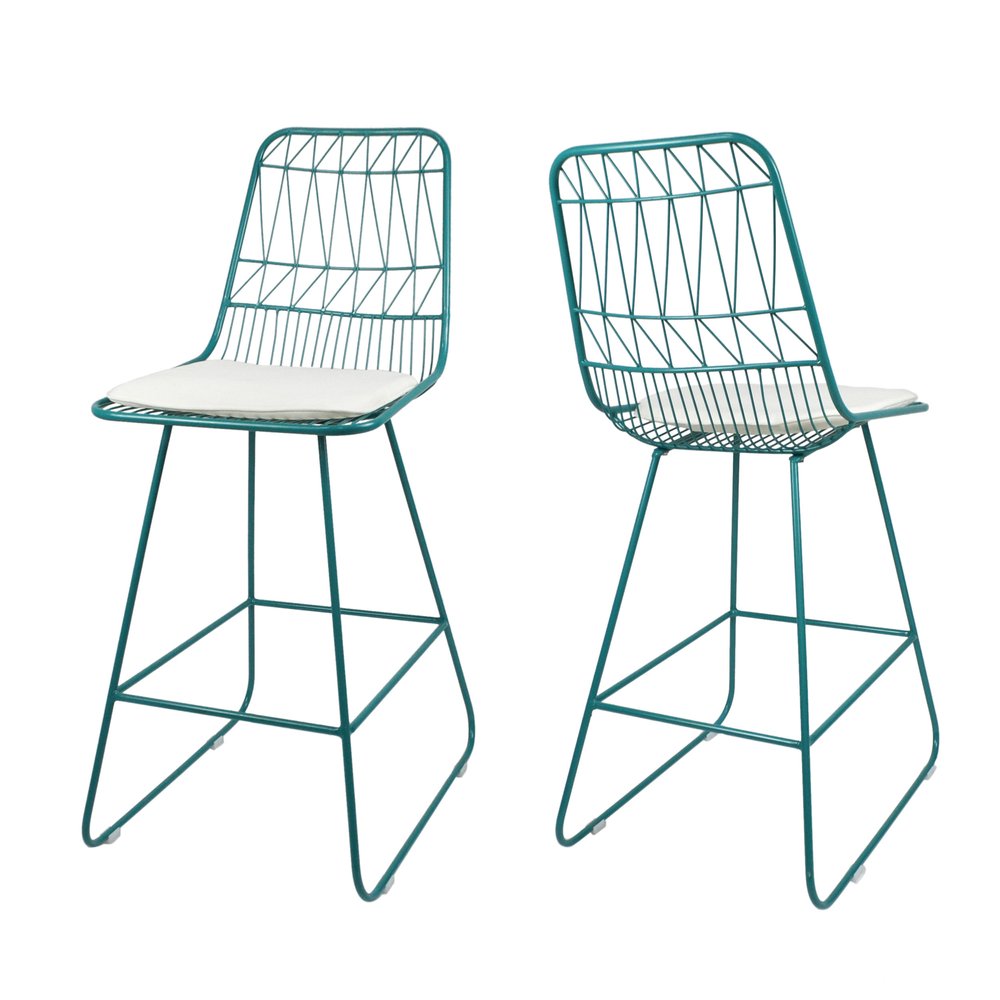 Set of Two 30" Teal Blue Iron Outdoor Bar Height Chairs