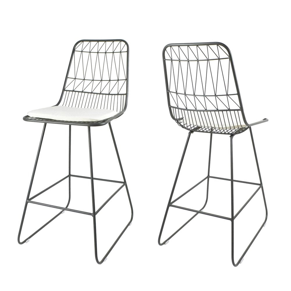 Set of Two 30" Gray And Ivory Iron And Cushion Outdoor Bar Height Chairs