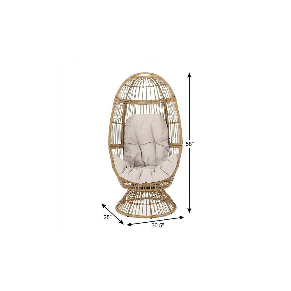 31" White Metal Outdoor Egg Chair with Beige Cushion