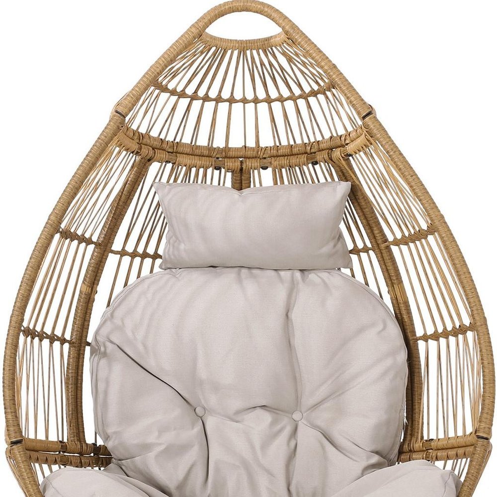 37" Beige Metal Outdoor Egg Chair with Beige Cushion