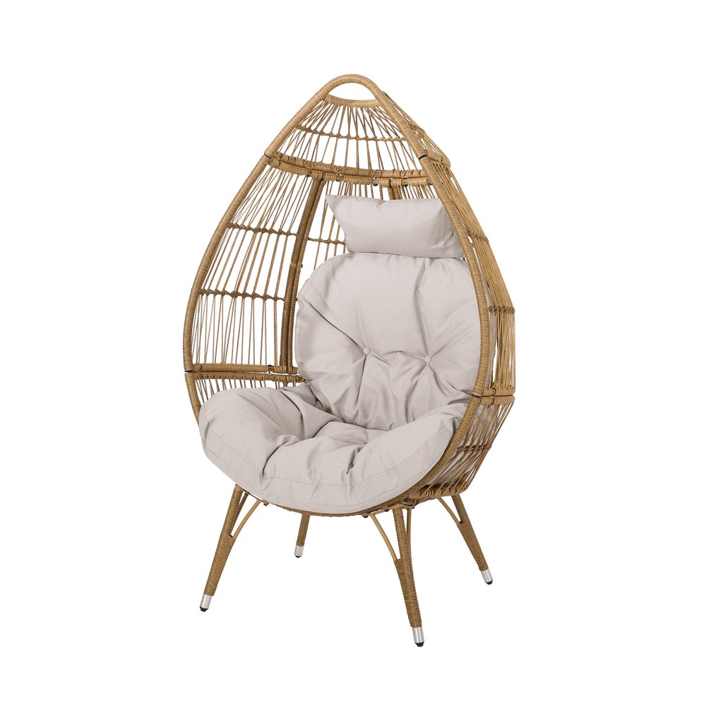 37" Beige Metal Outdoor Egg Chair with Beige Cushion