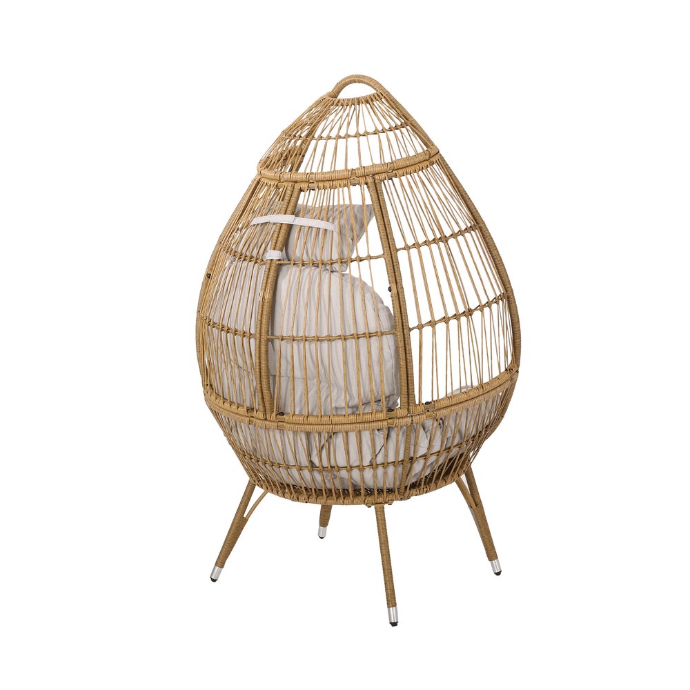37" Beige Metal Outdoor Egg Chair with Beige Cushion