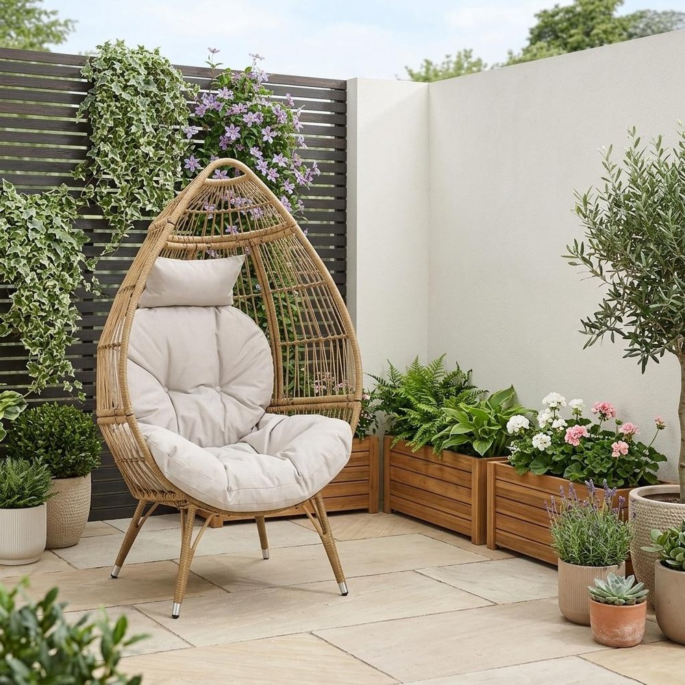 37" Beige Metal Outdoor Egg Chair with Beige Cushion