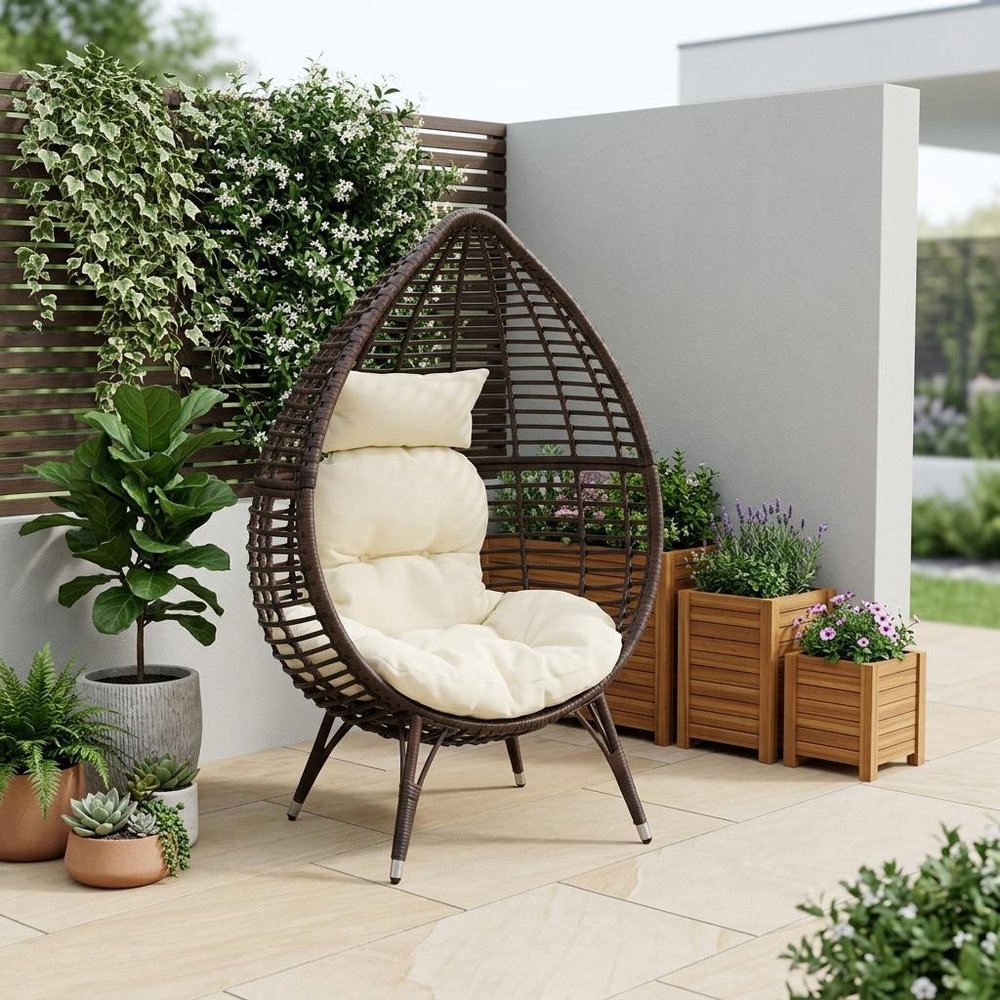 39" Beige Metal Outdoor Egg Chair with White Cushion