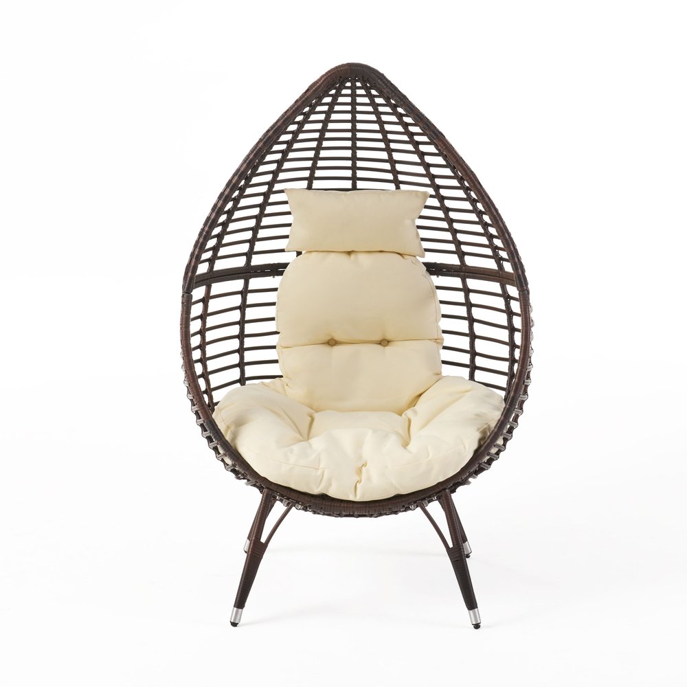 39" Beige Metal Outdoor Egg Chair with White Cushion