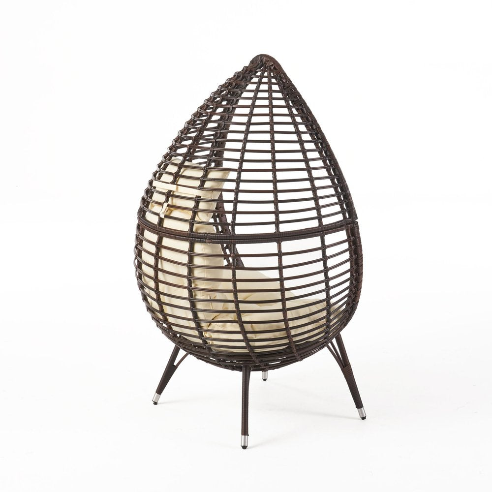 39" Beige Metal Outdoor Egg Chair with White Cushion