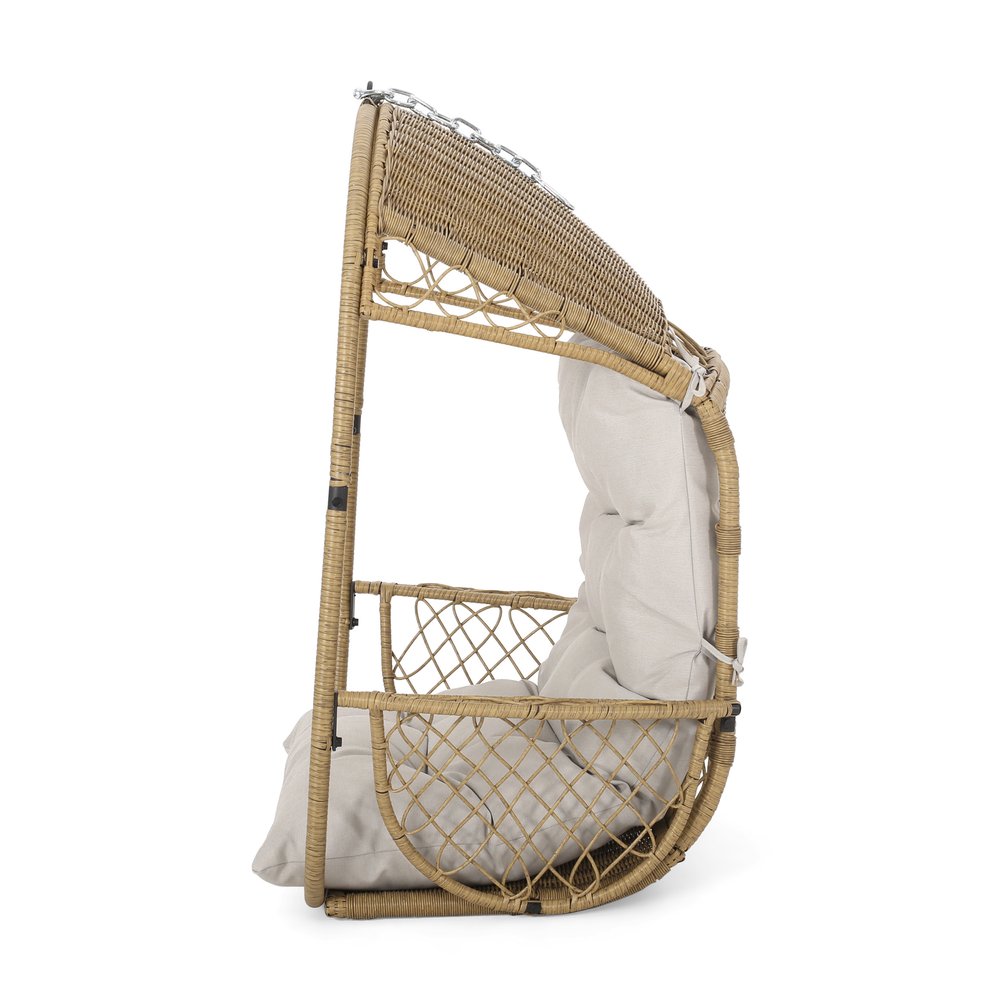 35" Beige Metal Outdoor Egg Chair with Gray Cushion