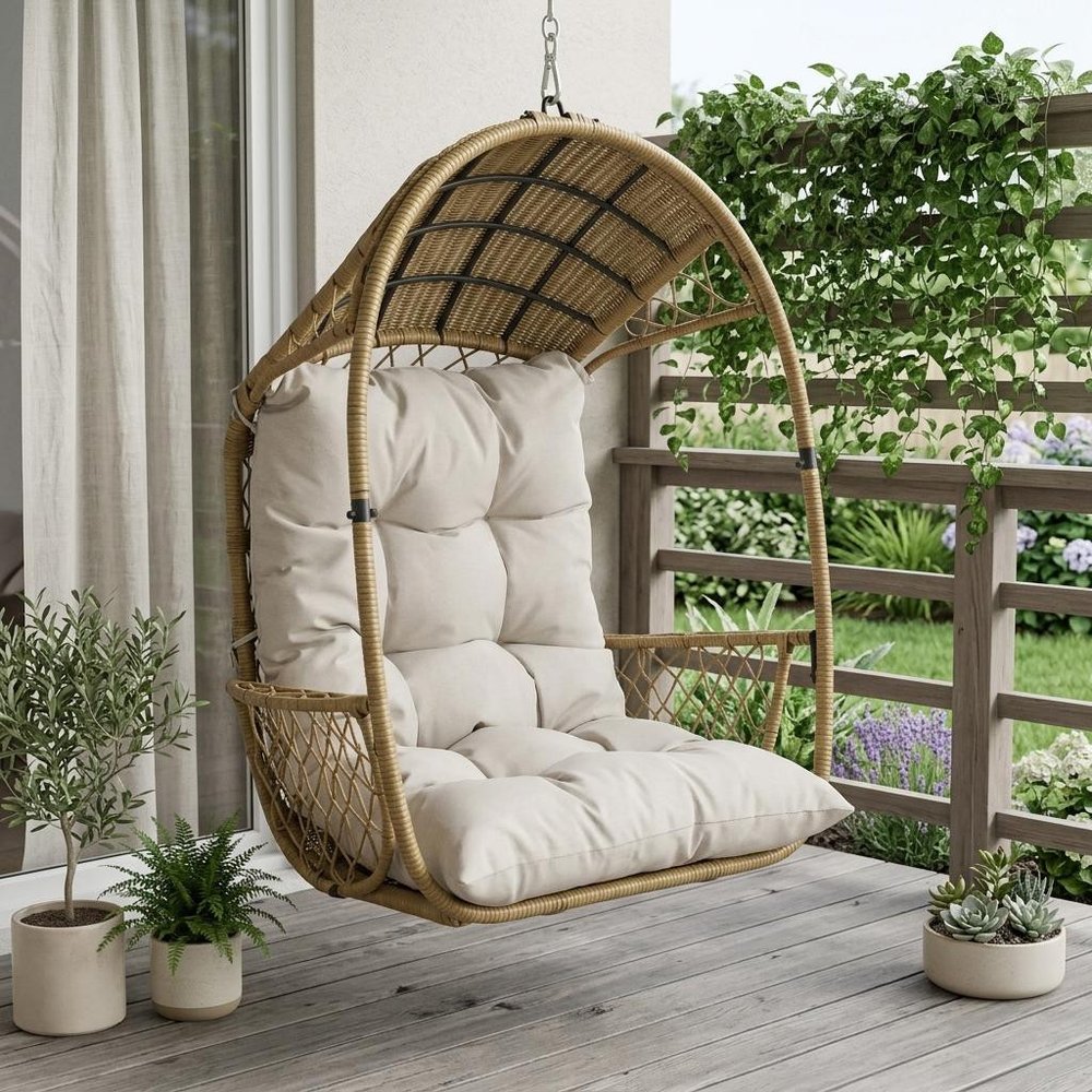 35" Beige Metal Outdoor Egg Chair with Gray Cushion