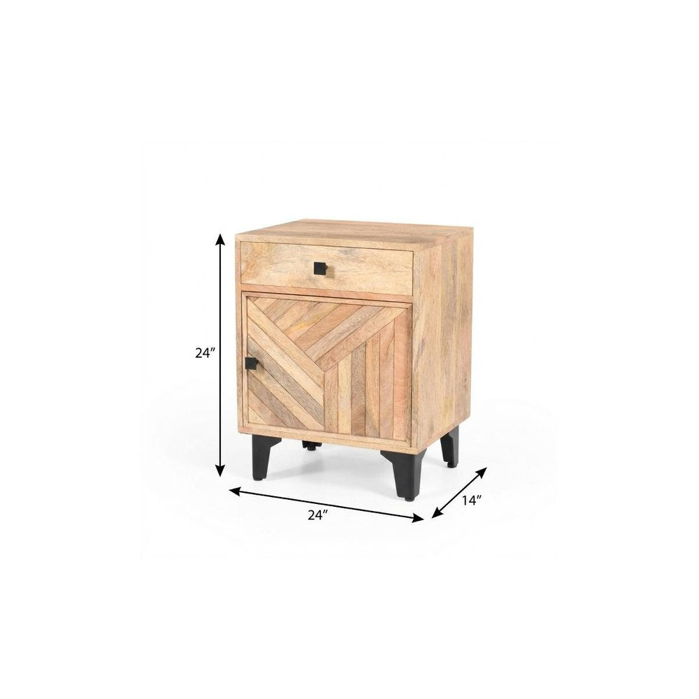 24" Natural Solid Wood Carved Geometric One Drawer Nightstand