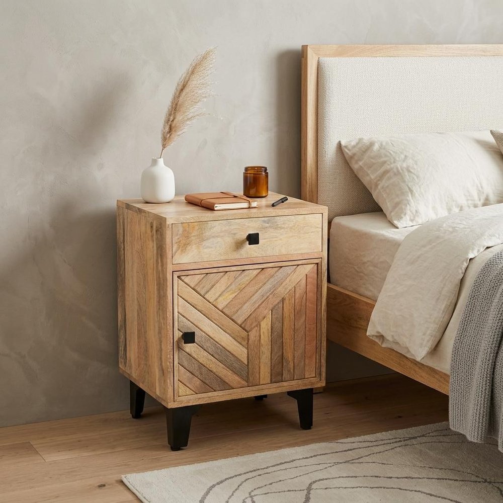24" Natural Solid Wood Carved Geometric One Drawer Nightstand