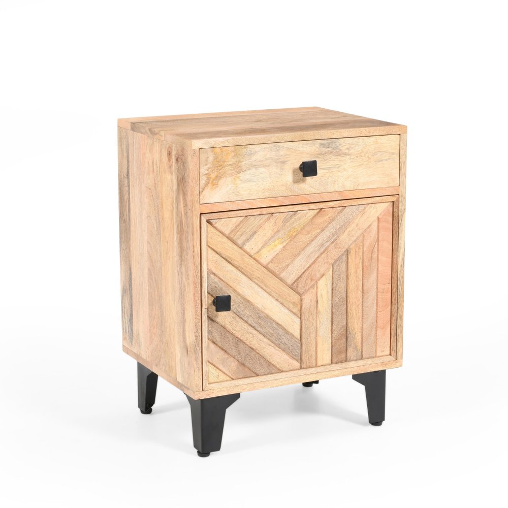 24" Natural Solid Wood Carved Geometric One Drawer Nightstand