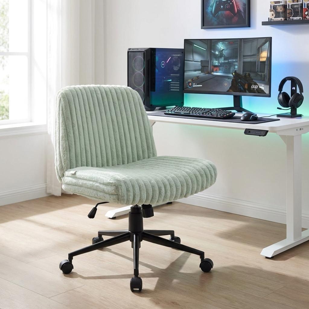 Green and Black Adjustable Height Faux Fur Swivel Rolling Gaming Chair