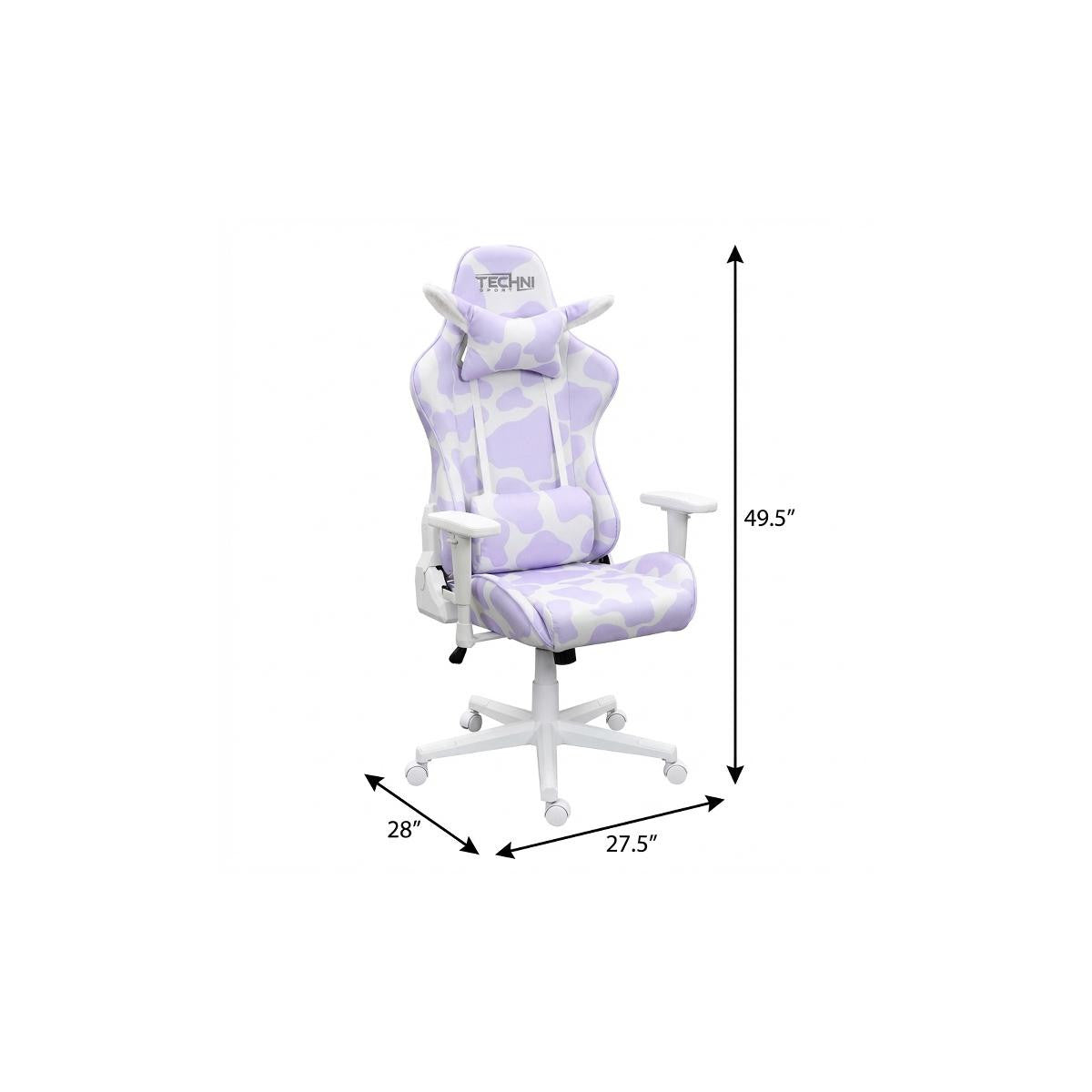 Lavender and White Cow Print Adjustable Height Rolling Gaming Chair
