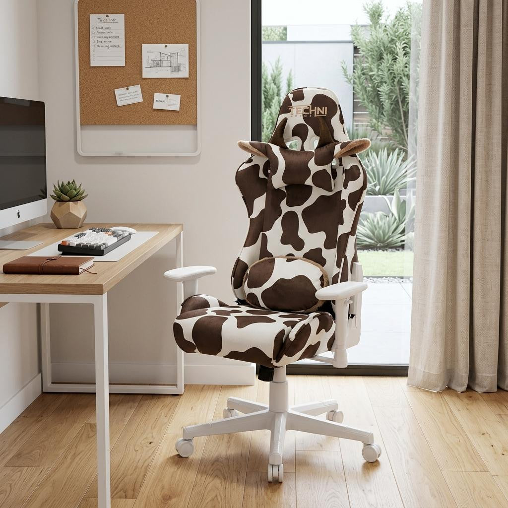 Brown and White Cow Print Adjustable Height Rolling Gaming Chair