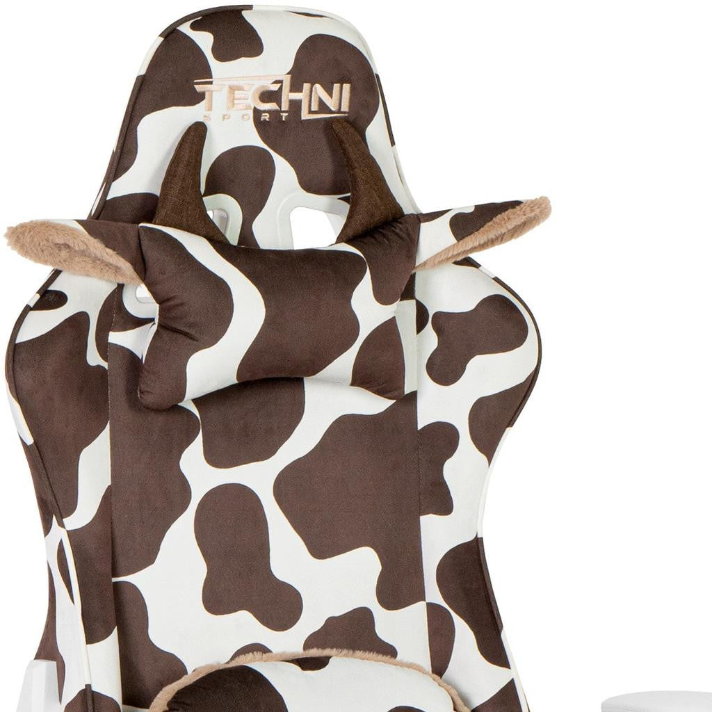 Brown and White Cow Print Adjustable Height Rolling Gaming Chair
