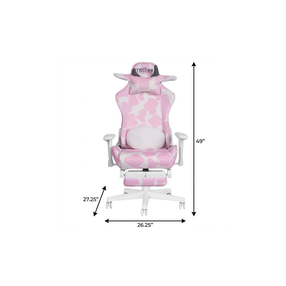 Pink and White Cow Print Adjustable Height Rolling Gaming Chair With Footrest