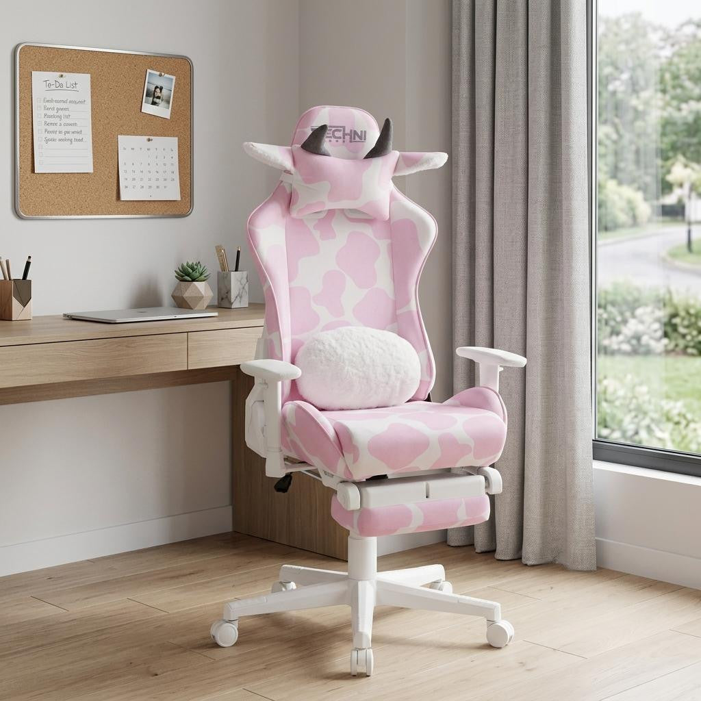 Pink and White Cow Print Adjustable Height Rolling Gaming Chair With Footrest