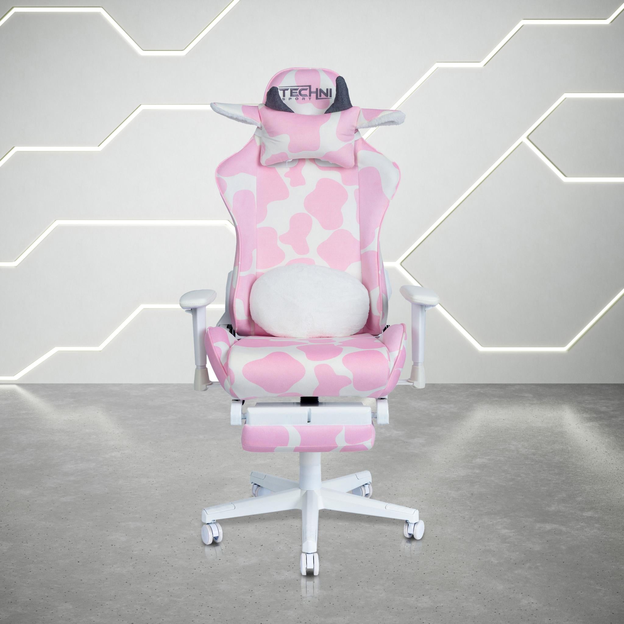 Pink and White Cow Print Adjustable Height Rolling Gaming Chair With Footrest