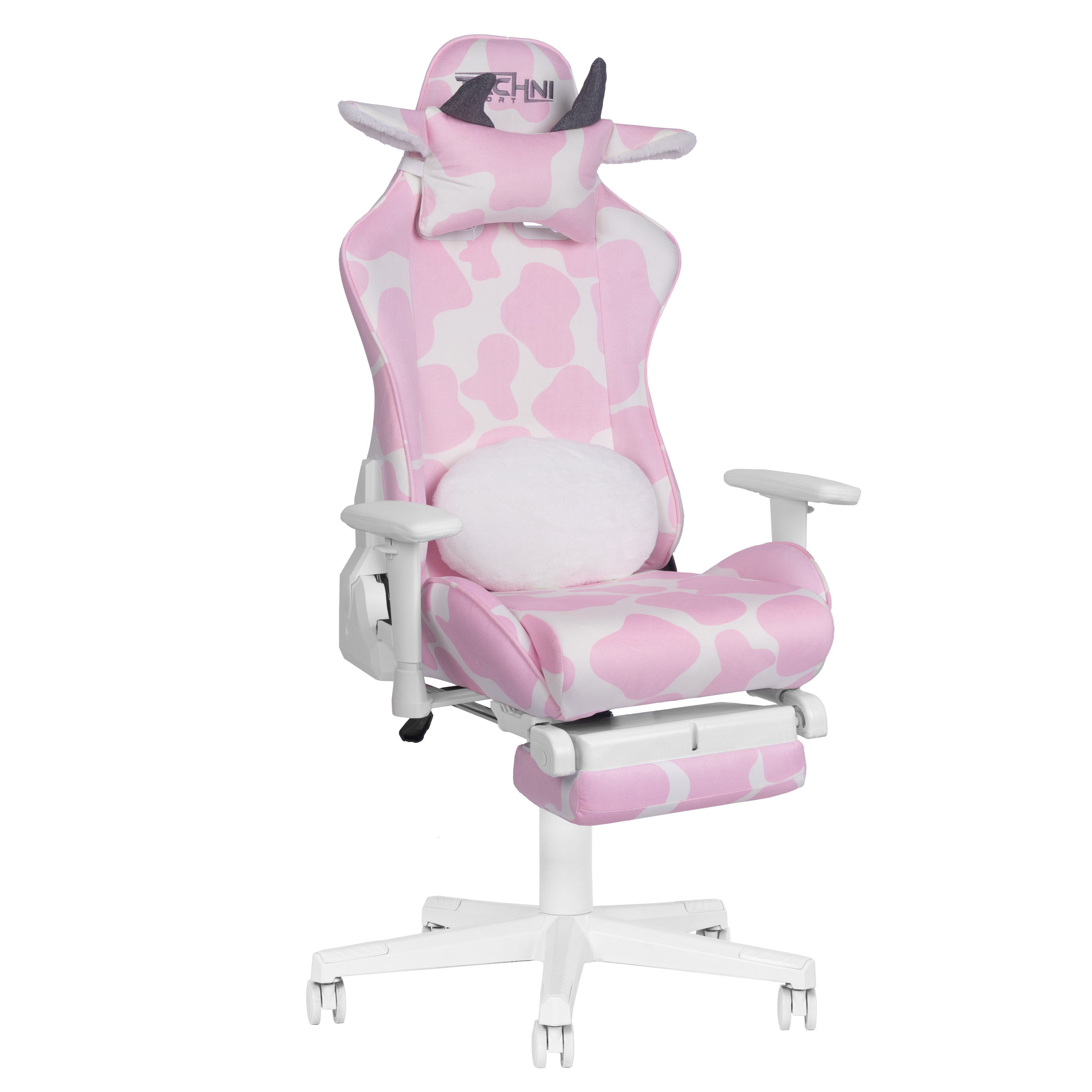 Pink and White Cow Print Adjustable Height Rolling Gaming Chair With Footrest