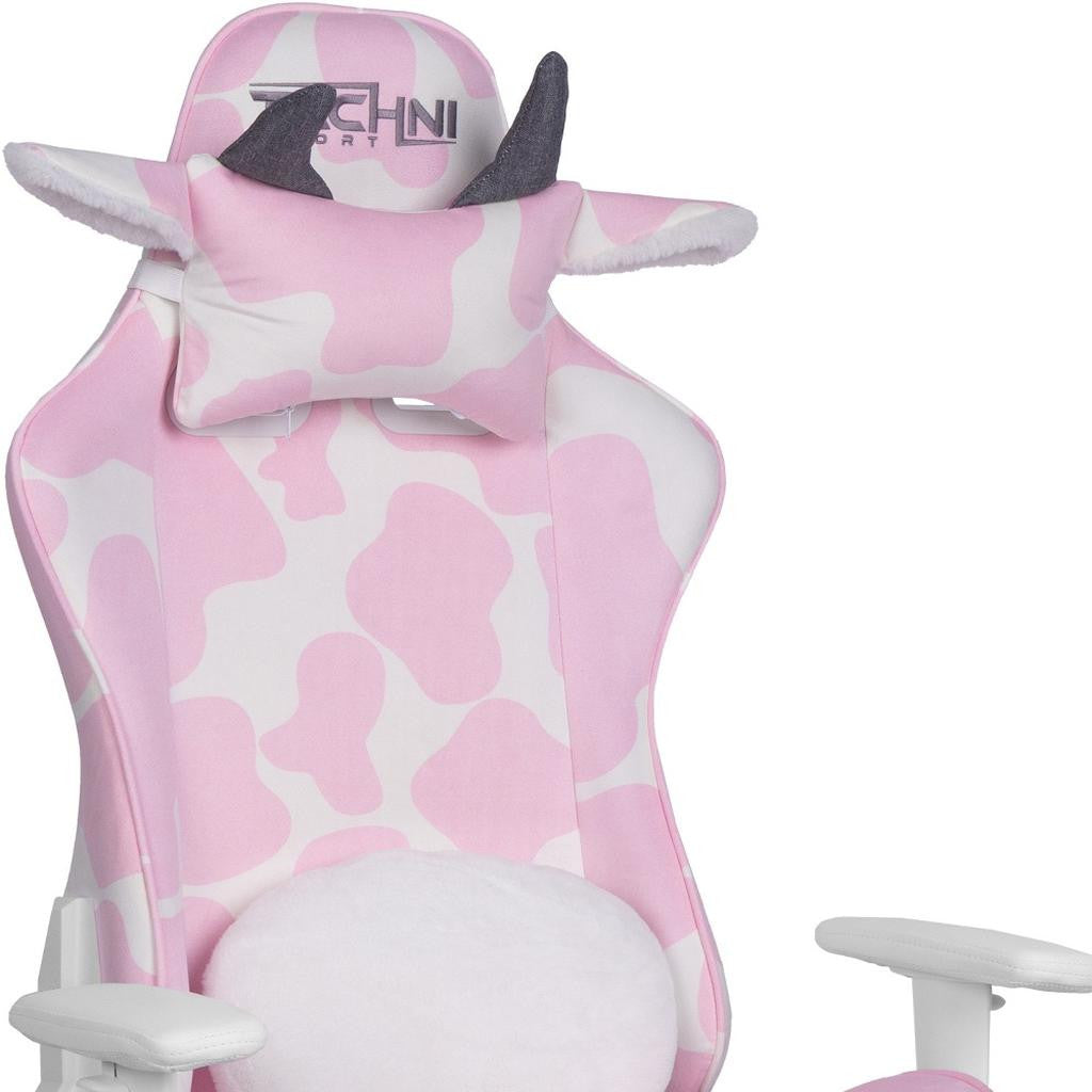 Pink and White Cow Print Adjustable Height Rolling Gaming Chair With Footrest