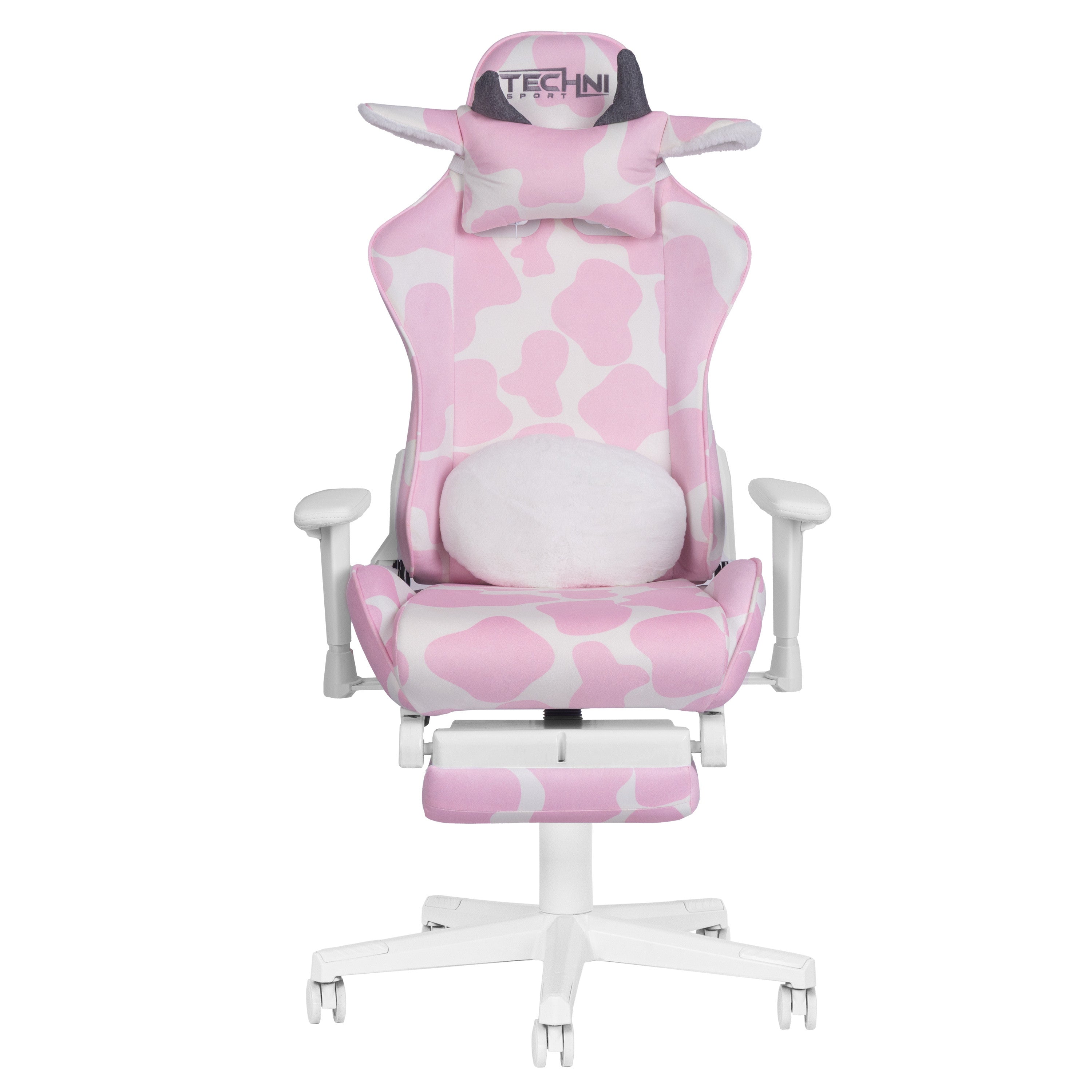 Pink and White Cow Print Adjustable Height Rolling Gaming Chair With Footrest