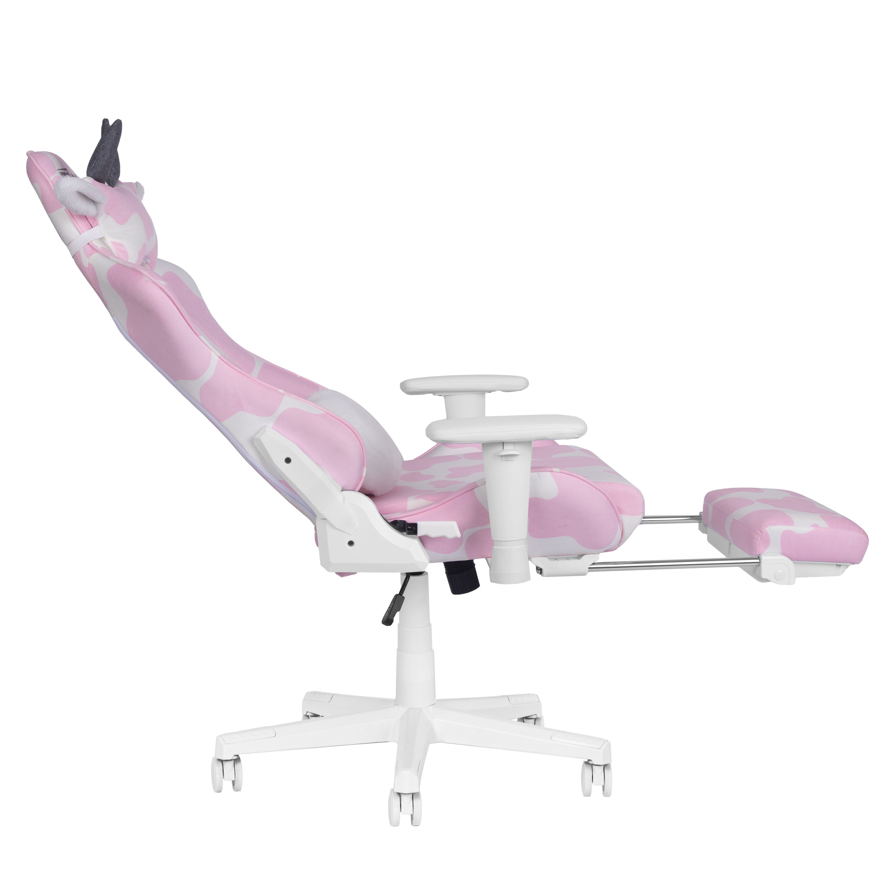 Pink and White Cow Print Adjustable Height Rolling Gaming Chair With Footrest