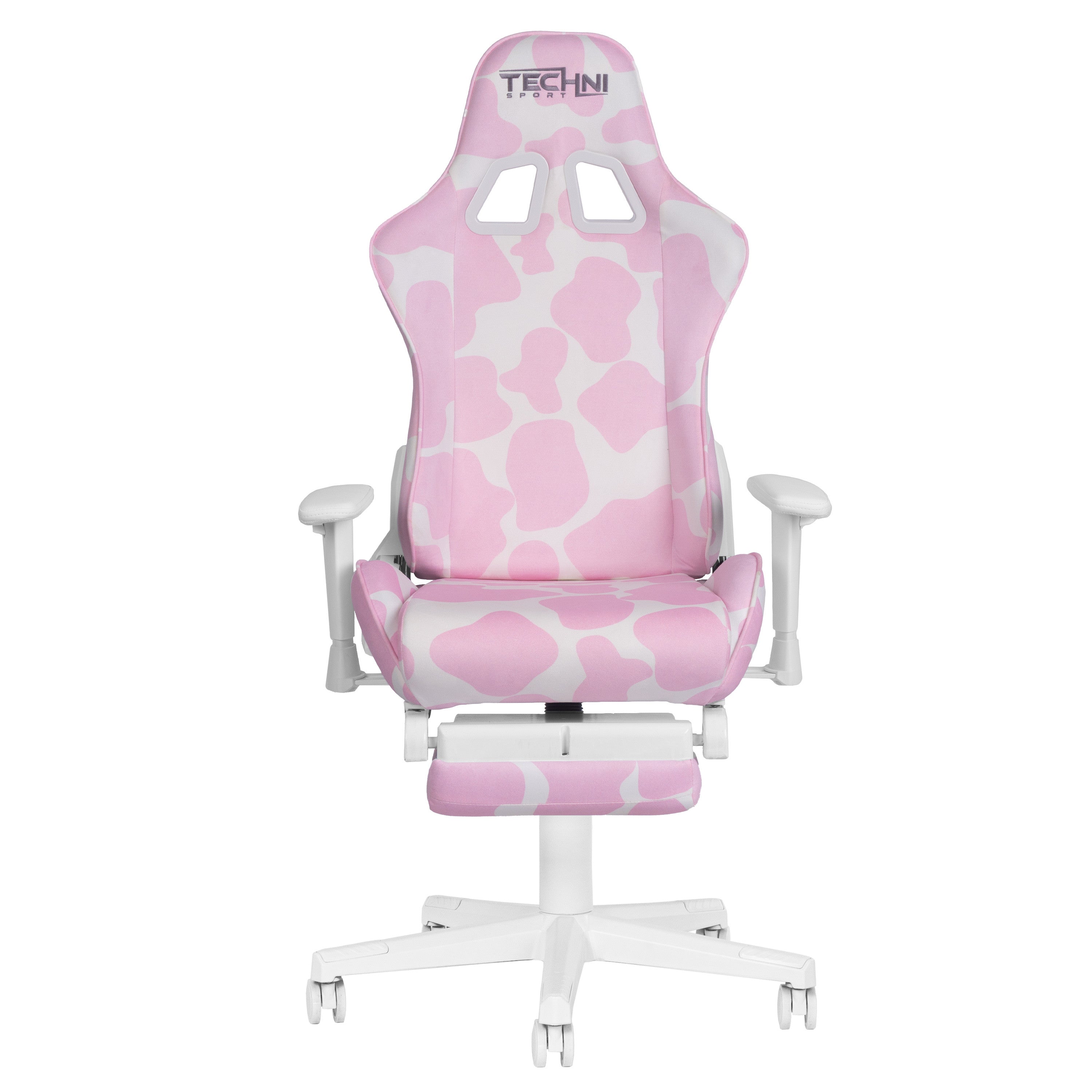 Pink and White Cow Print Adjustable Height Rolling Gaming Chair With Footrest
