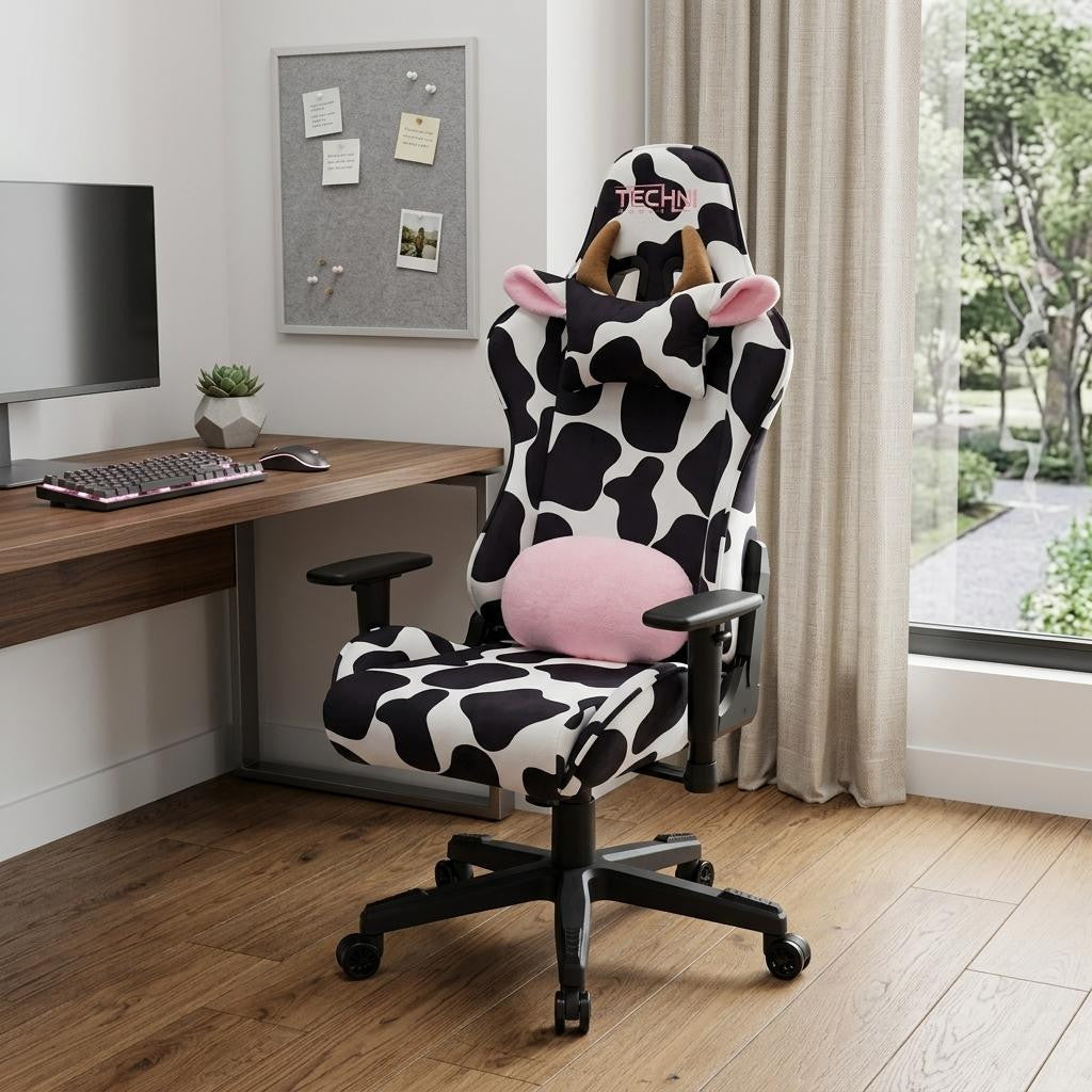 Black White And Pink Cow Print Adjustable Height Swivel Rolling Gaming Chair