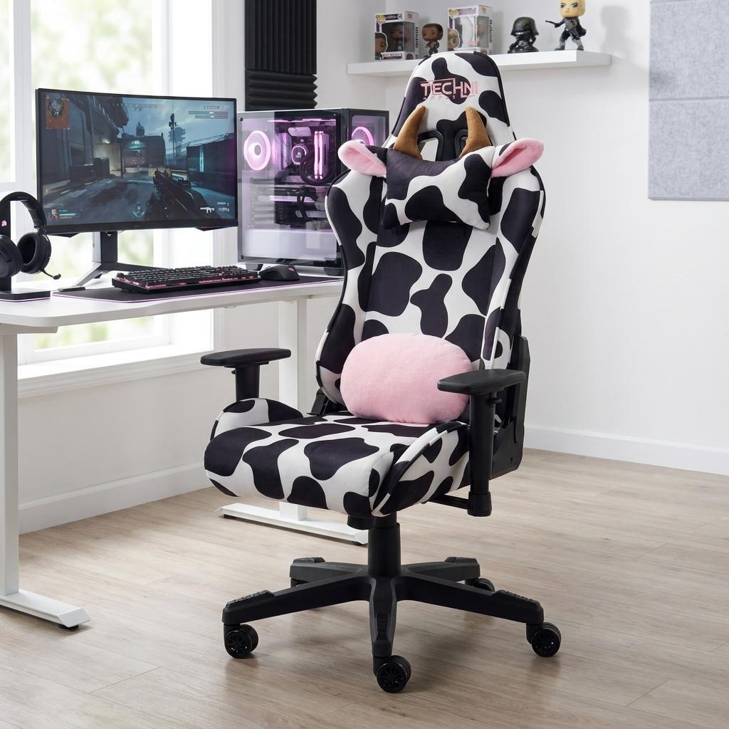 Black White And Pink Cow Print Adjustable Height Swivel Rolling Gaming Chair