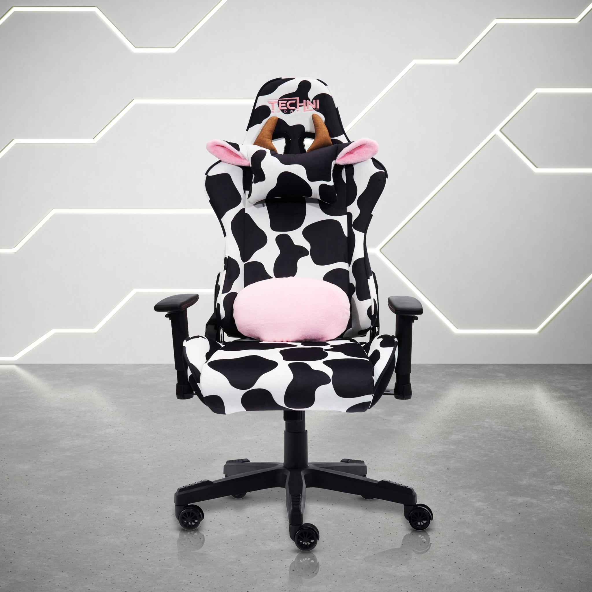 Black White And Pink Cow Print Adjustable Height Swivel Rolling Gaming Chair