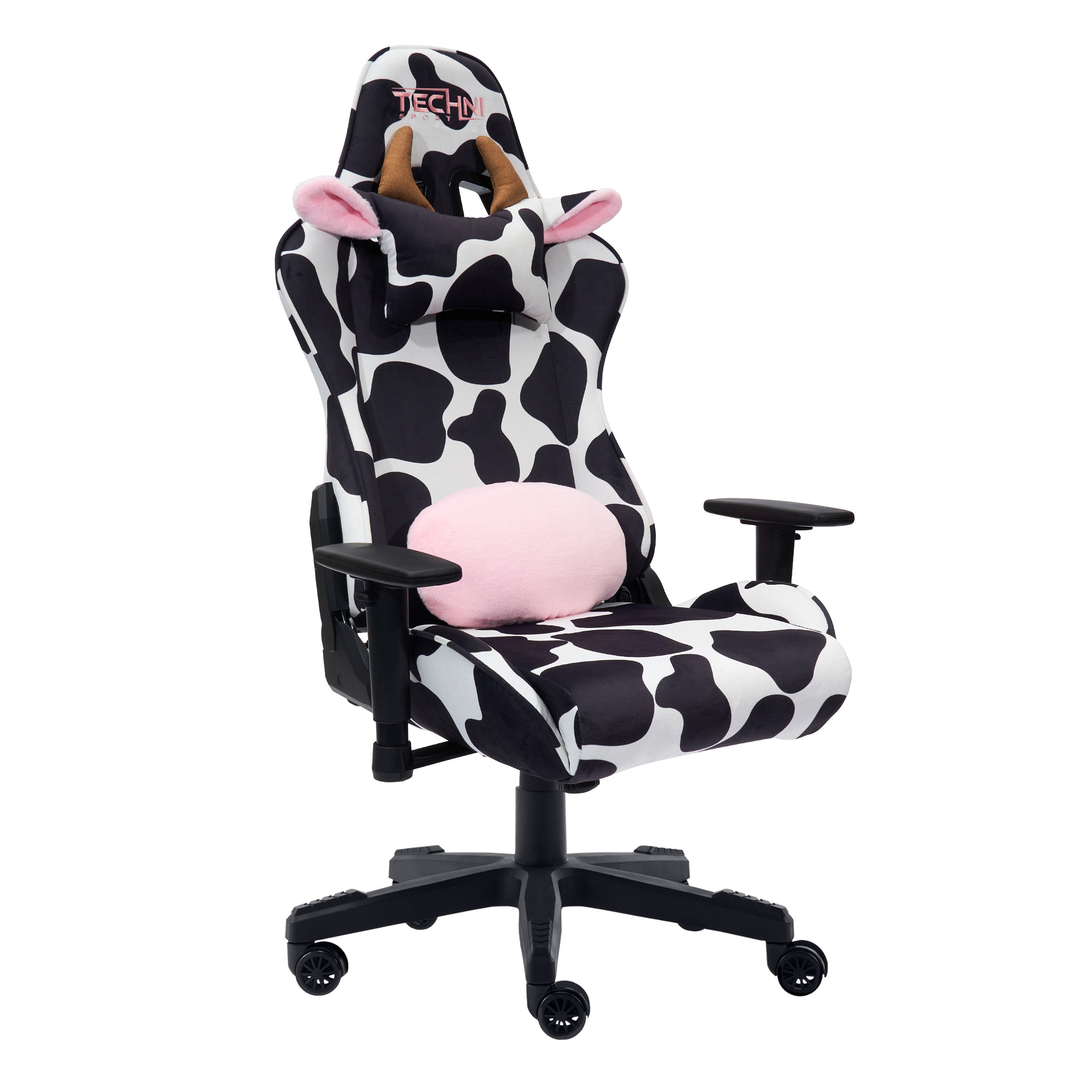 Black White And Pink Cow Print Adjustable Height Swivel Rolling Gaming Chair