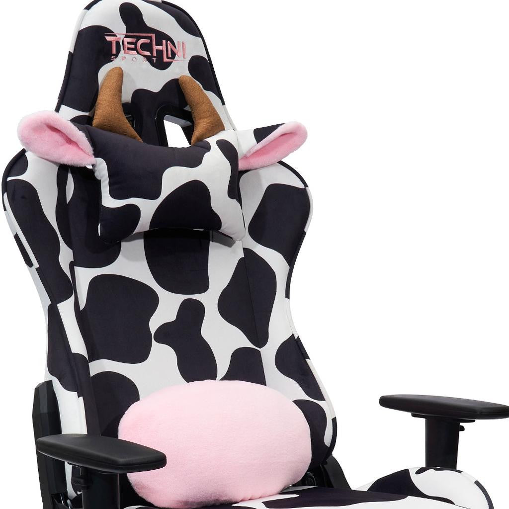 Black White And Pink Cow Print Adjustable Height Swivel Rolling Gaming Chair